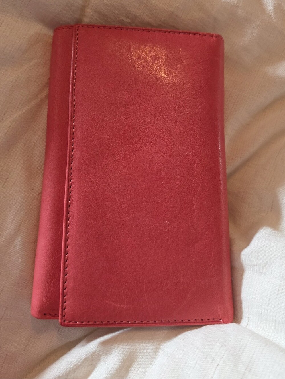 Genuine Leather Checkbook Wallet Womens Red Coral Trifold Organizer Clutch